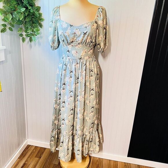 Shein Cottagecore Ruffled Stretch Waist Floral Dress Light Green Boho Long 0830 - Picture 1 of 14
